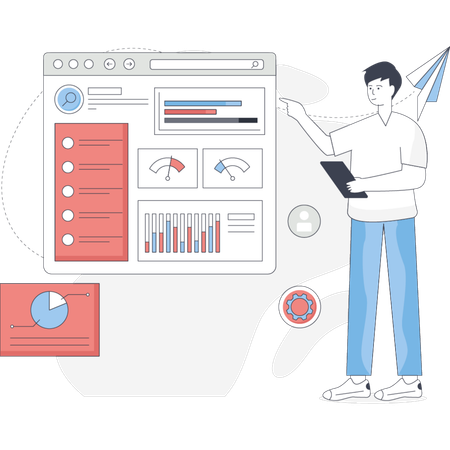 Man  positioned next to a screen filled with graphs and charts likely discussing data insights or trends  Illustration