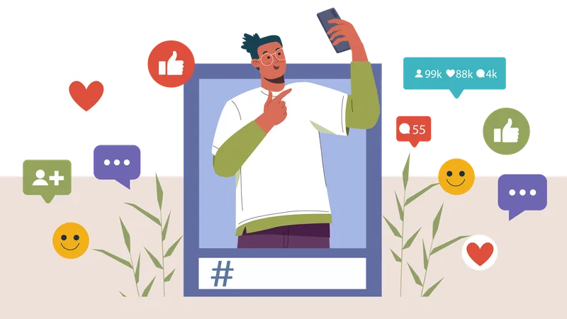 Man posting selfie on social media  Illustration