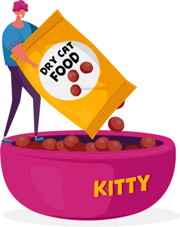 Tiny Male Character Holding Huge Package With Dry Food For Cats Put In Huge Bowl Man Pour Kitten Snack To Plate To Feed Kitty Love And Care Of Domestic Animals Pets Cartoon Vector Illustration Illustration