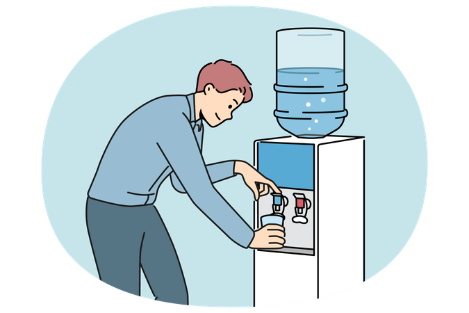 Man pouring water from cooler in office  Illustration