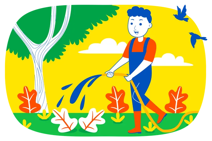 Man pouring water to plant Illustration