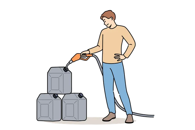 Man pours gasoline into tanks at gas station to stock up on fuel for car in case of oil crisis  Illustration