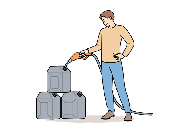 Man pours gasoline into tanks at gas station to stock up on fuel for car in case of oil crisis  Illustration