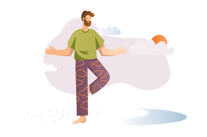 Man practices yoga to maintain his mental health  Illustration