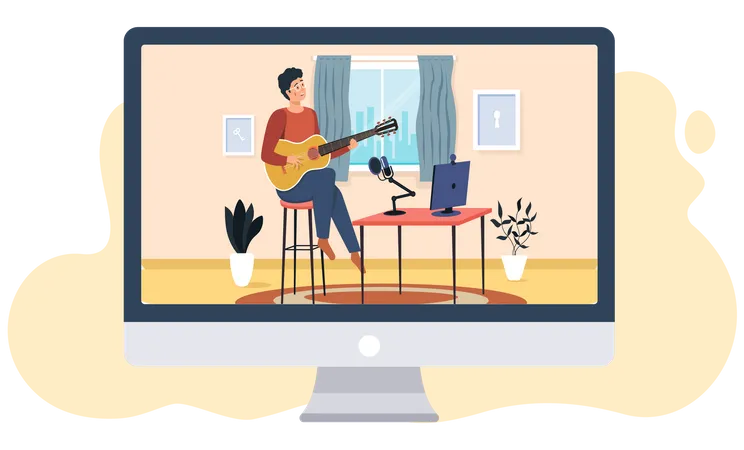 Man practicing guitar online  Illustration