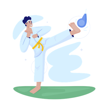 Man practicing karate with kicking target  Illustration