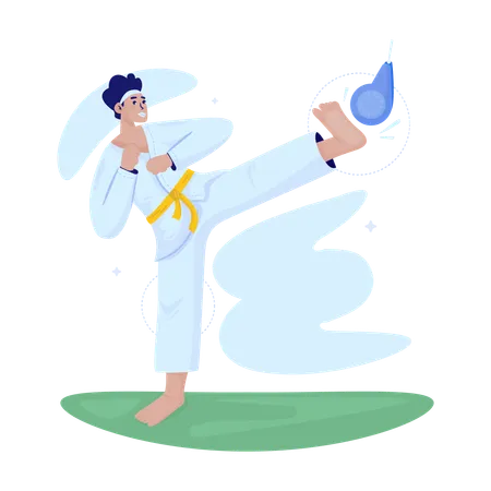 Man practicing karate with kicking target  Illustration