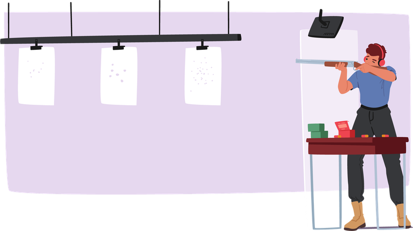 실내 사격장에서 사격 연습을 하는 남자  일러스트레이션