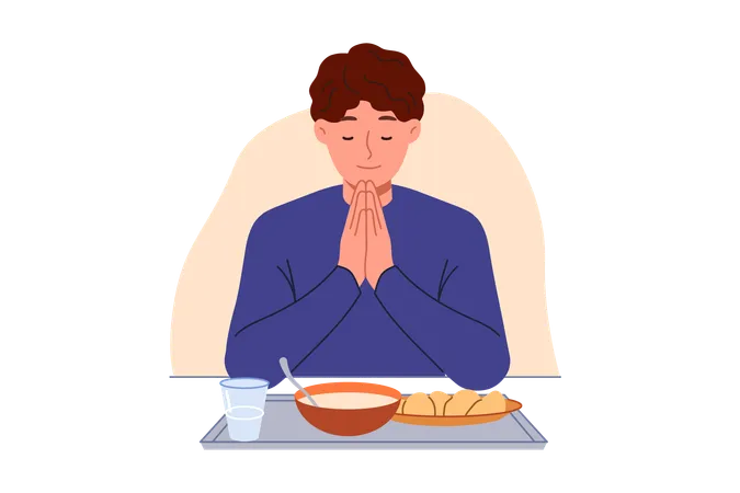 Man Prays Sitting At Table With Food Observing Christian Tradition And Expressing Gratitude To God Guy Prays With Eyes Closed And Palms Folded In Front Of Chest Rejoicing At Having Money For Food Illustration