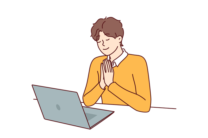Man prays sitting in front laptop and watching broadcast religious event  Illustration