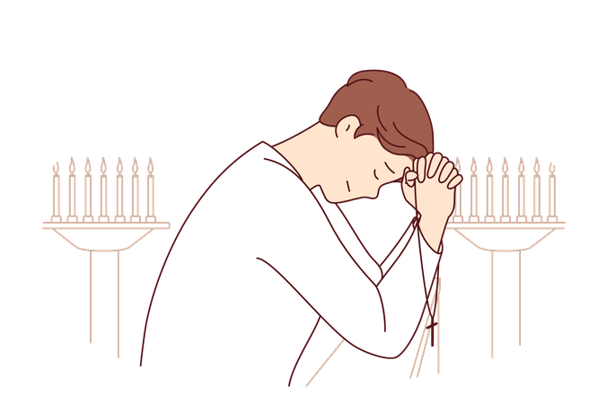 남자가 촛대 근처에 서서 기도하고, 기독교 십자가를 들고 눈을 감고 있습니다.  일러스트레이션
