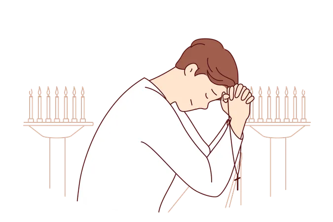 남자가 촛대 근처에 서서 기도하고, 기독교 십자가를 들고 눈을 감고 있습니다.  일러스트레이션