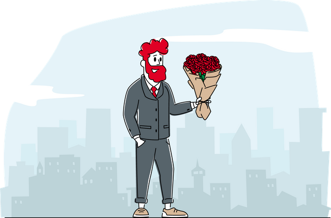 Man Prepare Flowers Bouquet Present to Girlfriend Illustration