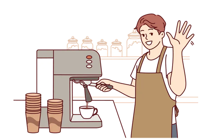 Man Barista Waves Hand And Prepares Delicious Cappuccino For Coffeeshop Visitors Stands Near Bar Counter Barista Guy Enjoys Interacting With Customers And Says Welcome To New Coffee Buyers Illustration