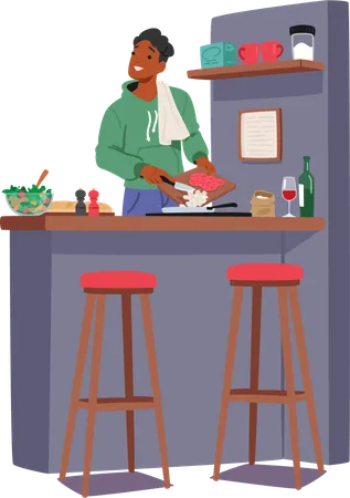 Man Prepares Dinner In The Kitchen Character Chopping Ingredients With Precision And Adding His Personal Touch To Create A Delightful Culinary Masterpiece Cartoon People Vector Illustration Illustration