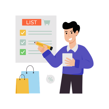 Man prepares Shopping List  Illustration