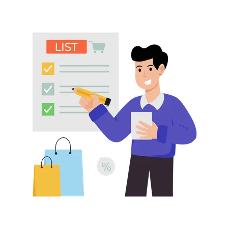 Man prepares Shopping List  Illustration