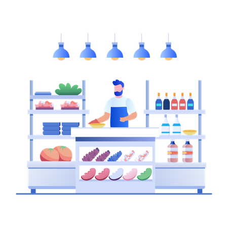 Man preparing food behind counter  Illustration