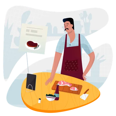 A Colorful Illustration Featuring A Chef In Action Preparing A Delicious Meal With Various Ingredients And Kitchen Utensils Illustration