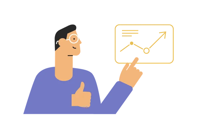 Young Man Shows The Like By Pointing To A Growth Chart Vector Illustration Made In Flat Designer On Transparent Layer Illustration