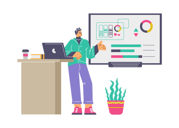 Man presenting and explaining on screen statistics charts diagram  Illustration