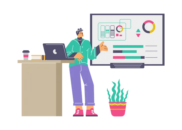 Man presenting and explaining on screen statistics charts diagram  Illustration