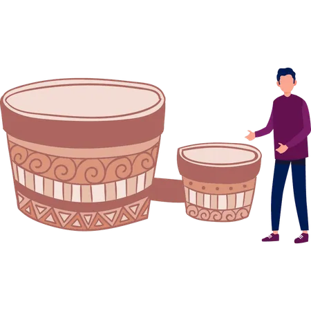 Man presenting bongo drums  Illustration