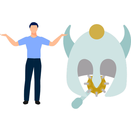 Man presenting dragon helmet  Illustration