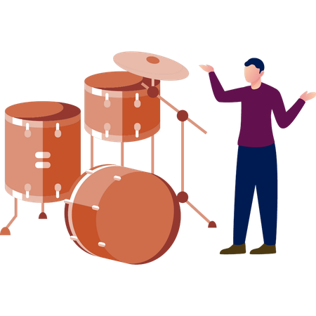 Man presenting drum set  Illustration