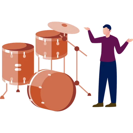 Man presenting drum set  Illustration