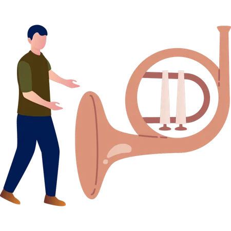 Man presenting french horn music  Illustration