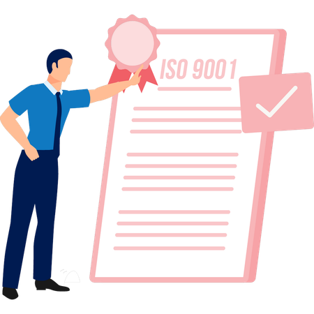 Man presenting ISO 9001 protection  Illustration