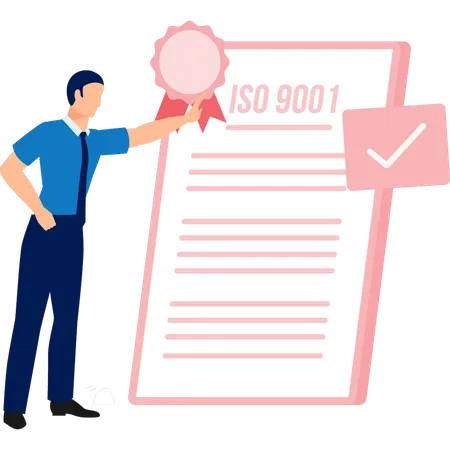 Man presenting ISO 9001 protection  Illustration