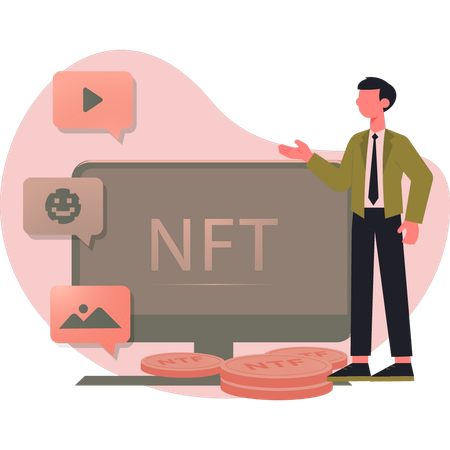 Man presenting NFT on monitor  Illustration