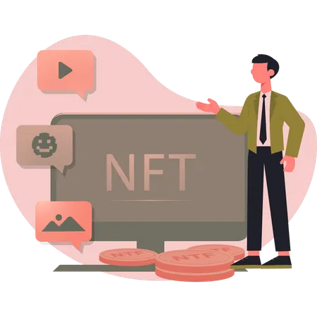 Man presenting NFT on monitor  Illustration