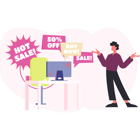 Man presenting online shopping sale  Illustration