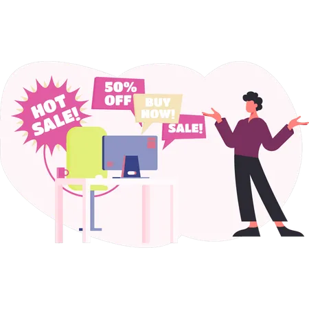 Man presenting online shopping sale  Illustration