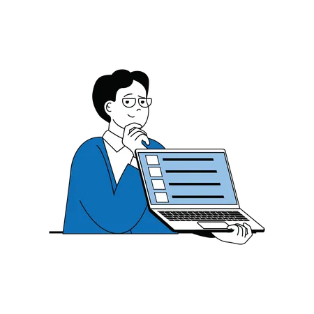 Man presenting online survey form on laptop  Illustration