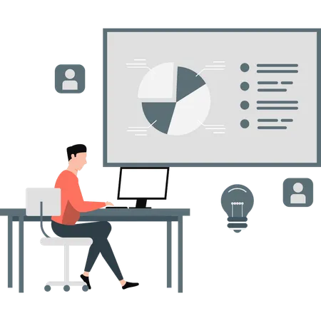 Man presenting pie chart on board  Illustration