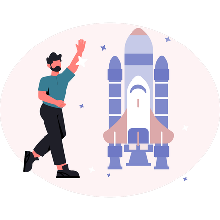 Man presenting space rocket  Illustration