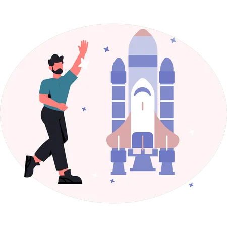 Man presenting space rocket  Illustration