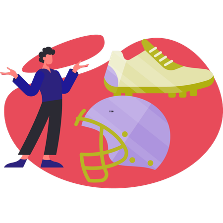 Man presenting sports shoes and Schutt helmet  Illustration
