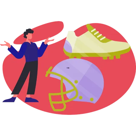 Man presenting sports shoes and Schutt helmet  Illustration