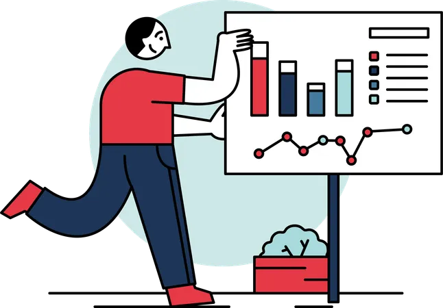 A Man Presenting The Stock Market Depicts The Dynamics Of Buying Selling Including Symbols Such As Charts Stock Tickers And Graphs To Represent Market Trends Volatility And Investor Sentiment These Illustrations Can Be Used In Presentations Articles Or Educational Materials To Visually Explain Stock Market Related Concepts Illustration