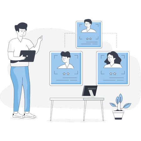 Man presenting to a group of people while standing in front of them with a laptop in hand  Illustration