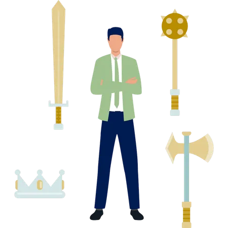 Man presenting weapons wood axes  Illustration