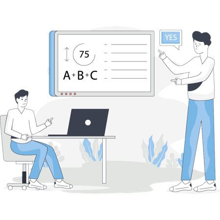 Man presents information to a woman in a professional setting both engaged in the discussion  Illustration