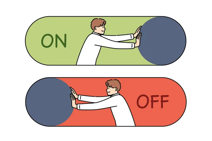 Man presses on and off button to start new project or complete unpromising startup  Illustration