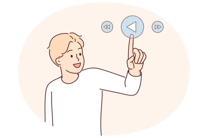 Man presses play button on virtual digital pad to launch music player  Illustration