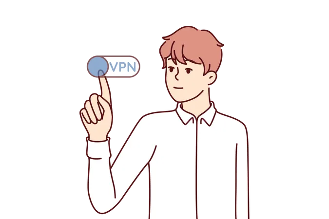 Man Presses VPN Button To Remain Invisible On Internet And Maintain Privacy Online Surfing Using VPN Technology To Bypass Block Or Firewall That Prohibits Visiting Sites With Prohibited Information 일러스트레이션